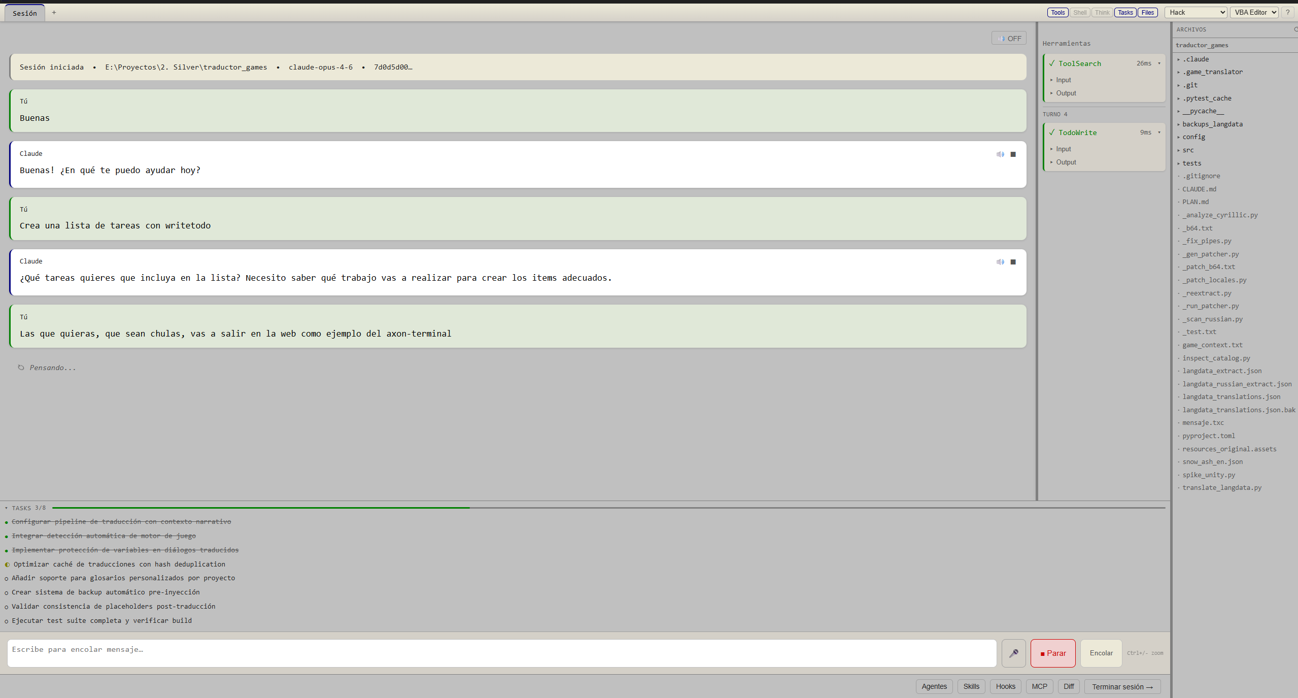 Axon Terminal — paneles y herramientas