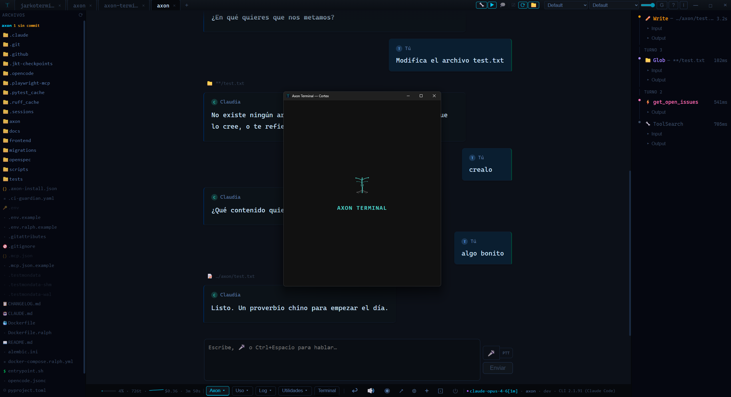Axon Terminal — ventana flotante pop-out y dialogos